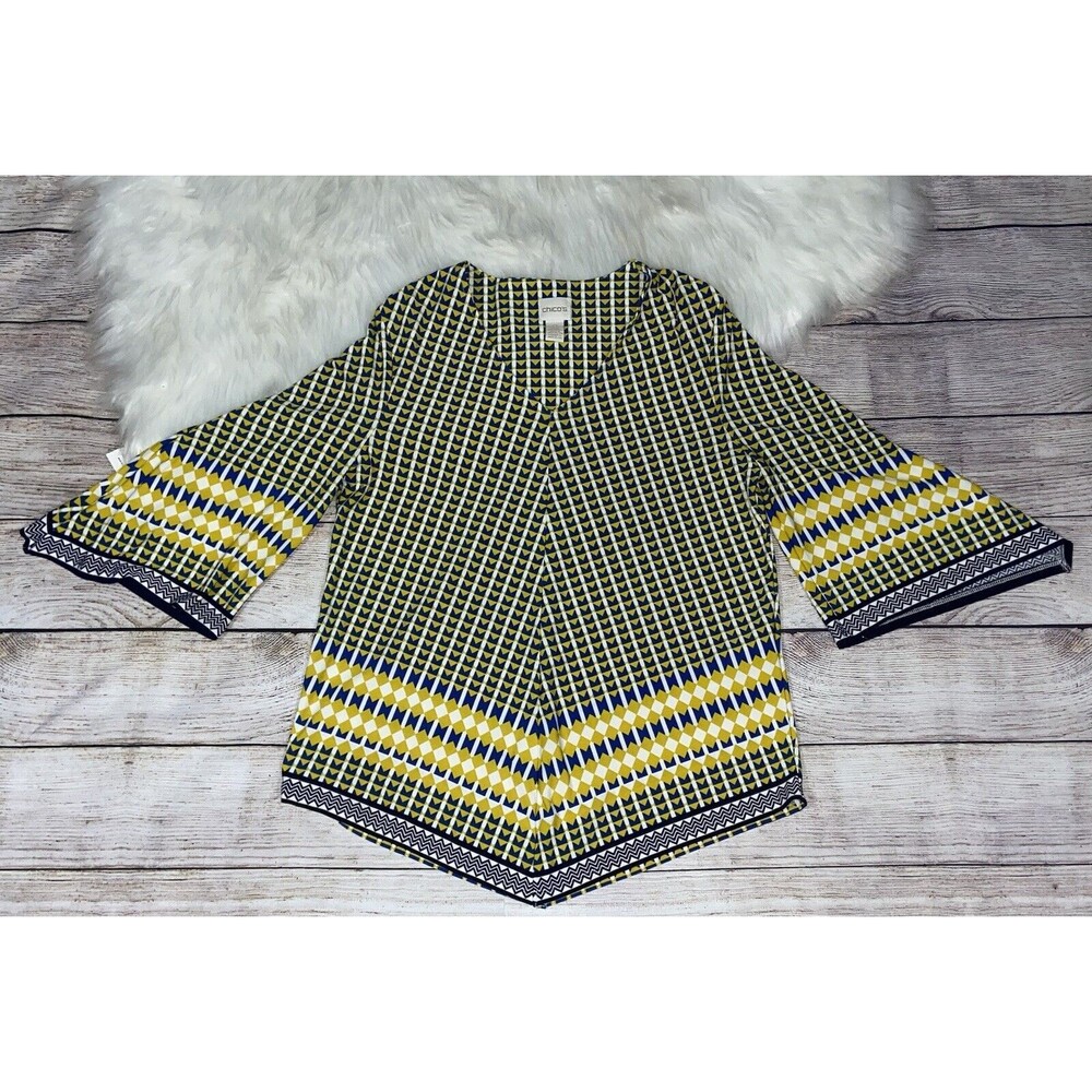 Chico’s Size 0/Small Multicolor Geometric Print 3/4 Sleeve V-Neck Top